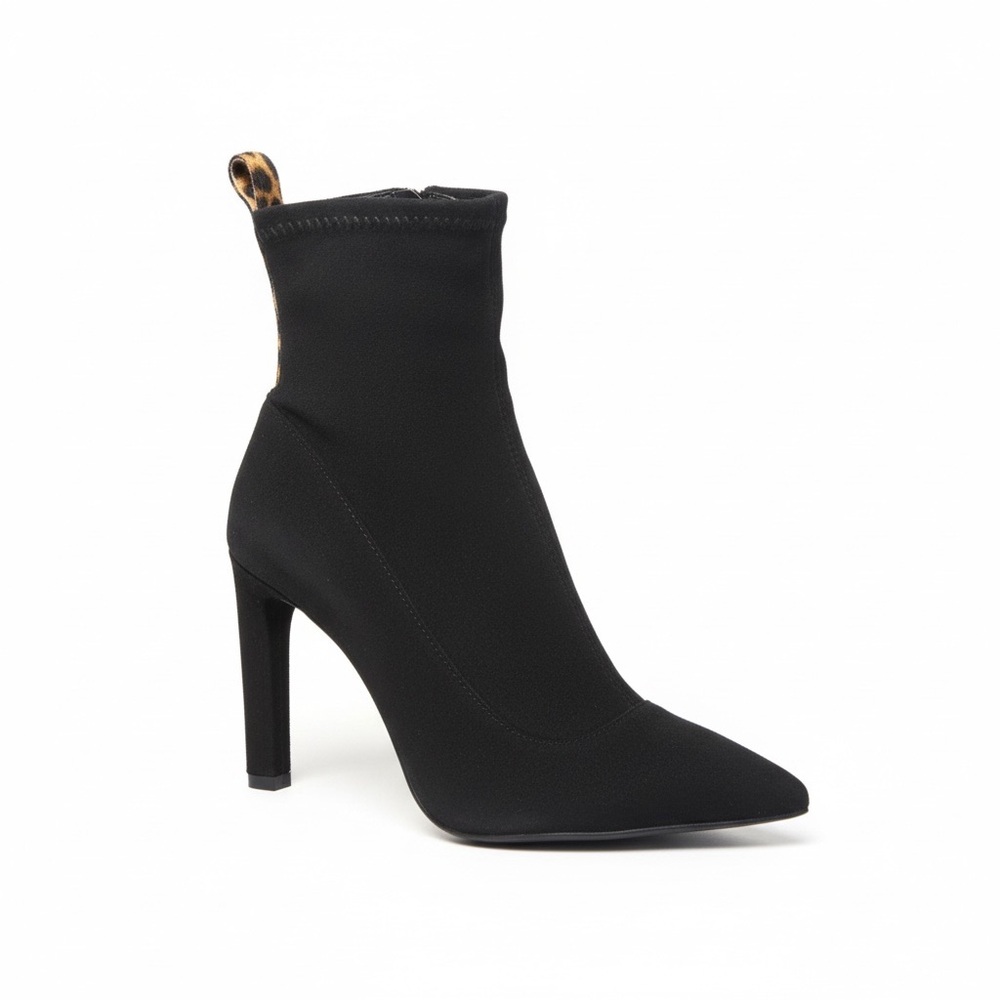 New Schutz Women’s Pointed Toe Bootie Ankle Boot with Leopard Print Trim 4” Heel